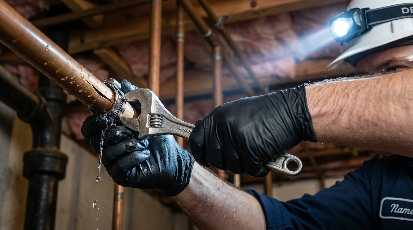 Emergency pipe clamp repair being performed by a Johns Plumbing LLC plumber in Baltic