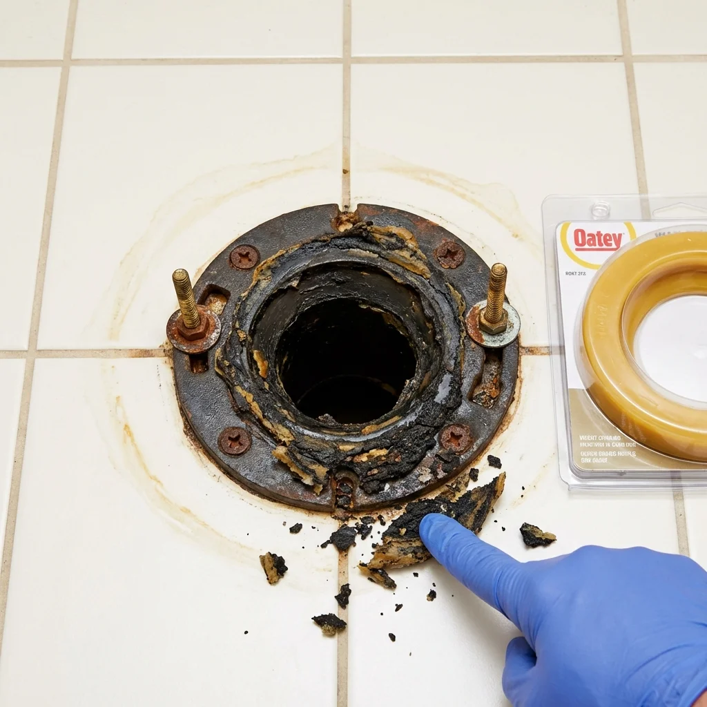 Failed wax ring showing water seepage at the base of a toilet in a Baltic, SD home