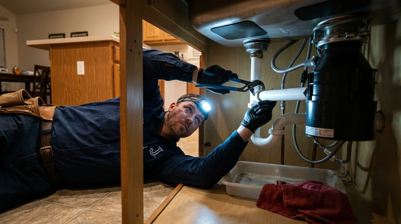 P-trap and supply line connections under a kitchen sink showing a common leak point in Baltic, SD